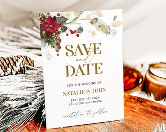 Plantilla para guardar la fecha de boda navideña: Floral invernal (Descarga digital)