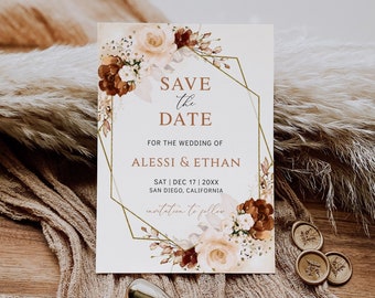 CILLA - Burnt Orange Save the Date Template, Rust Floral Save The Date Invite, Save the Date Card Printable, Editable Wedding Save the Date