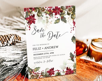 Plantilla para guardar la fecha de boda de invierno con flor de Pascua roja (descarga digital)