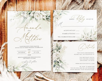 White Floral Wedding Invitation Template with Greenery (Digital Download)