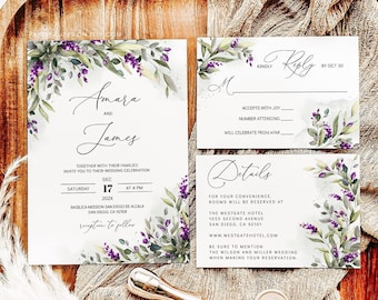 AMARA - Lavendel Hochzeitseinladung Vorlage, Greenery mit lila Blumen Hochzeitseinladung, druckbare Hochzeitseinladung mit RSVP