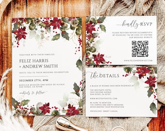 May include: A wedding invitation with a winter holiday theme. The invitation features a red poinsettia flower, green holly leaves, and gold glitter. The text on the invitation reads "Feliz Harris + Andrew Smith" and "December 27th, 4pm".