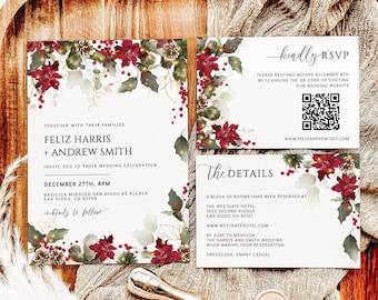 Winter Holly Wedding Invitation Template, Christmas Themed Wedding, Wedding Invites Editable, Christmas Wedding Invitation Poinsettia, FELIZ