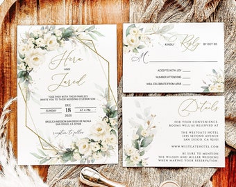 Greenery White Roses Wedding Invitation Template (Digital Download)