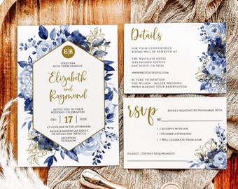 Navy Blue Floral Wedding Invitation Set (Digital Download)