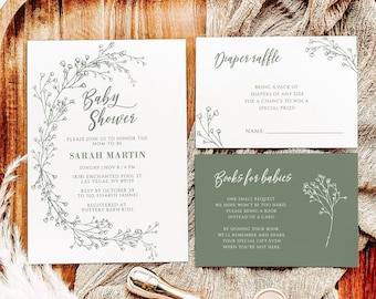 Sage Green Botanical Baby Shower Invitation Template (Digital Download)