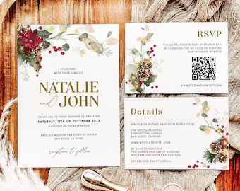 May include: A wedding invitation with a wintery floral design. The invitation is for Natalie and John, and the wedding is on December 17th, 2022 at 4:00 PM. The reception will follow at the Basilica Mission San Diego de Alcala in San Diego, California. The invitation includes details about the wedding, including the dress code, which is smart casual. The invitation also includes a QR code for RSVP.