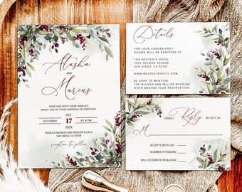 ATASHA - Burgundy Wedding Invitation Template, Burgundy Floral Wedding Invitation with RSVP Details, Editable Wedding Template Suite Marsala
