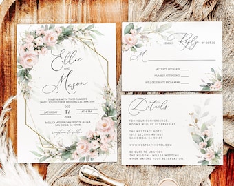 ELLIE - Blush Pink and Sage Wedding Invitation Template, Printable Wedding Invitation with RSVP, Blush Greenery and Gold Wedding Invitation