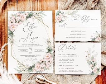 May include: Wedding invitation suite with floral designs. The invitation features a gold geometric frame with the names "Ellie and Mason" and details about the wedding ceremony. The RSVP card includes a section for guests to indicate their attendance. The details card provides information about the wedding reception and hotel accommodations.