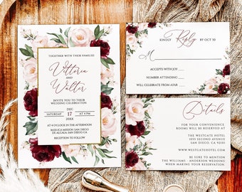VITTORIA - Wedding Invitation Template Burgundy Red and Blush, Floral Burgundy Wedding Invitation Suite, Printable Editable Wedding Invites