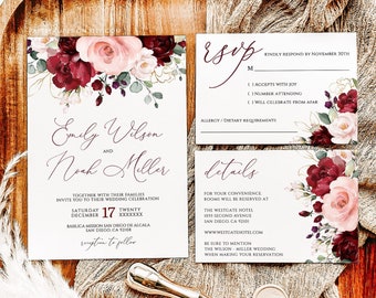 EMILY - Burgundy and Blush Wedding Invitation Template, 3pcs Floral Wedding Invitation Template, Printable Wedding Invitation, Marsala Blush