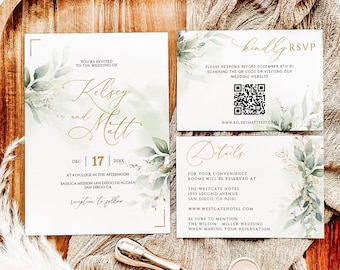 Greenery Wedding Invitation Template: Minimalist Gold Invites (Digital Download)