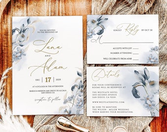 Dusty Blue Floral Wedding Invitation Template: Editable Printable (Digital Download)