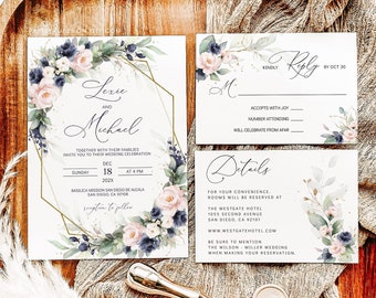 May include: Wedding invitation suite with floral designs in shades of pink and blue. The invitation features the couple's names, "Lexie and Michael", the date and time of the ceremony, and the location. The RSVP card includes a section for guests to indicate their attendance and a deadline for responses. The details card provides information about the wedding venue and hotel accommodations.