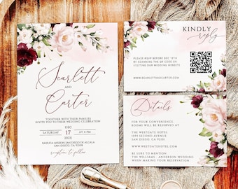 Burgundy Floral Wedding Invitation Template: Marsala Blush (Digital Download)