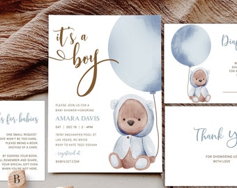 Teddybär-Babyparty-Einladung: Blauer Ballon Junge (digitaler Download)