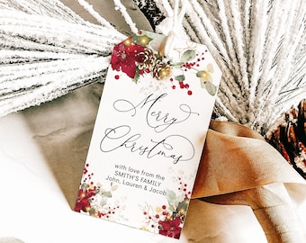 Christmas Tag Template, Editable Christmas Tag Download, Holiday Gift Tag, Poinsettia Christmas Gift Tag, Personalized Christmas Tag NATALIE