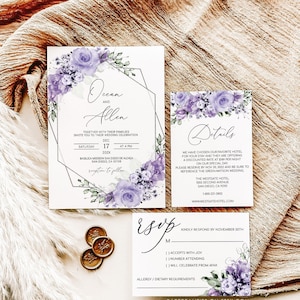 OCEAN - Lilac Floral Wedding Invitation, 3pcs Wedding Invitation Template Set Printable Editable Wedding Invites Lavender Lilac Silver Gray