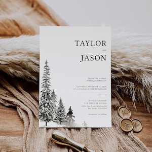Forest Winter Wedding Invitation Template: Mountain Pine Tree (Digital Download)