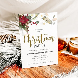 Christmas Party Invitation, Winter Christmas Invitation Template, Editable Christmas Themed Party Invitation Poinsettia Winter Holly, FELIZ