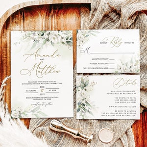 White Floral Wedding Invitation Template with Greenery (Digital Download)