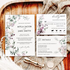 Wildflower Wedding Invitation Suite: Plum, Sage Green (Digital Download) image 1