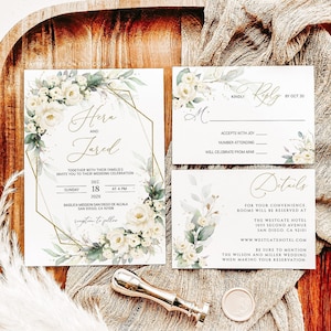 HERA - Greenery and White Roses Wedding Invitation Template, Printable Wedding Invitation with White Flowers, Wedding Invitation with RSVP