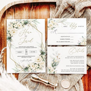 HERA - Greenery and White Roses Hochzeitseinladung Vorlage, Druckbare Hochzeitseinladung mit weißen Blumen, Hochzeitseinladung mit RSVP