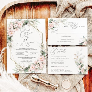 ELLIE - Blush Pink und Sage Hochzeitseinladungsvorlage, Hochzeitseinladung zum Ausdrucken mit Antwortmöglichkeit, Blush Greenery und Gold Hochzeitseinladung