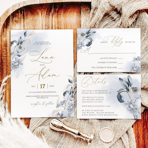 LANA - Dusty Blue Wedding Invitation Template, 3PCS Wedding Invitation Dusty Floral, Printable Editable Wedding Invitation RSVP Details Card