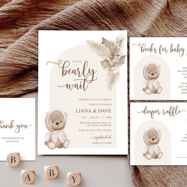 Brown Teddy Bear Baby Shower Invitation Template, Gender Neutral Baby Shower Invite, Editable Boho Bear Baby Shower Invitation, Pampas Grass