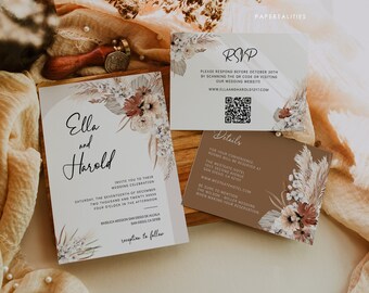 May include: Wedding invitation suite with a boho theme. The invitation features a floral design with dried grasses and a neutral color palette. The text reads "Ella and Harold" and includes the date and time of the wedding. The RSVP card includes a QR code and the details for the wedding.