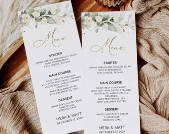 Hochzeitsmenüvorlage mit weißen Blumen: Bearbeitbare Menükarte (Digitaler Download)