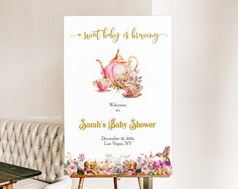 Tea Party Baby Shower Welcome Sign: Floral Decor (Digital Download)
