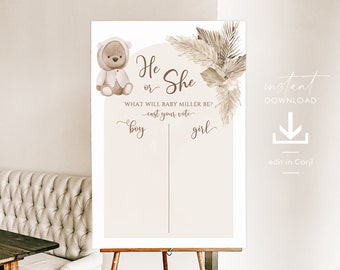 Gender Reveal Voting Sign Template, Guess the Gender Game, What Will Baby Be Boy or Girl Voting Game He or She Neutral Brown Bear Beige Sign