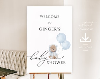 Teddy Bear Baby Shower Welcome Sign: Blue Balloons (Editable Digital Download)