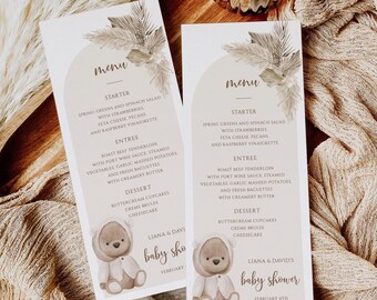 Modello di menù per baby shower Boho Bear (download digitale)
