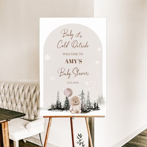 Winter Baby Shower Welcome Sign Woodland Baby Shower Poster Neutral Printable Editable Welcome Sign Template Instant Download Corjl, PB17