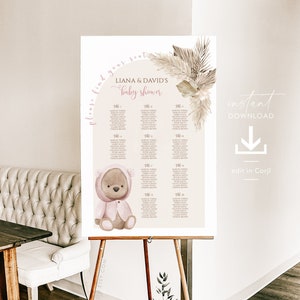 BEAR Baby Shower Zitplaatsen Kaart Sjabloon, Stoffige Roze Baby Douche Teddybeer Zitplaatsen KaartTeken, Bewerkbare Zitkaart Baby Douche Meisje, PB11