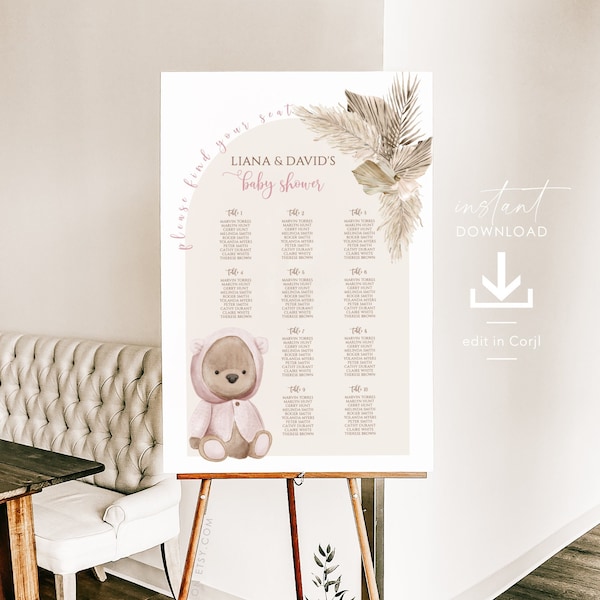 BEAR Baby Shower Seating Chart Template, Dusty Pink Baby Shower Teddy Bear Seating Chart Sign, Editable Seating Chart Baby Shower Girl, PB11