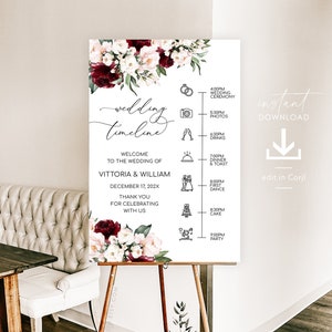 Borgonha rosa claro dia do casamento cronograma sinal modelo floral agenda de casamento itinerário cartaz programação sinal de cerimônia para impressão, VITTORIA