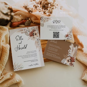 Boho Arch Wedding Invitation Template Champagne Terracotta Wedding Invite Printable Invitation Details RSVP QR Code Fall Wedding Invite ELLA image 1