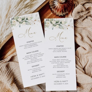HERA - Descarga de plantilla de menú de boda floral blanco, tarjeta de menú editable, menú de boda, menú de bebidas, menú de cena, menú de mesa, menú imprimible