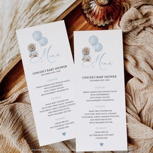 Modèle de menu de douche de bébé de ballons d’ours, menu de douche de bébé modifiable, menu de fête de douche de bébé bleu poussiéreux téléchargement instantané, PB91