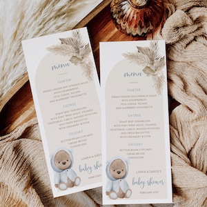 Modèle de menu de douche de bébé modifiable, douche de bébé ours en peluche, garçon de douche de bébé bleu poussiéreux, menu de fête d’anniversaire, menu We Can Bearly Wait, PB10
