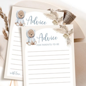 Carta di consigli per baby shower blu polveroso, consigli per baby shower stampabile con orso per futuri genitori, baby shower boy, auguri di consigli per i genitori, PB10