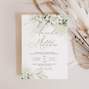 AMANDA - Weiße Blumen Hochzeitseinladung Vorlage, Hochzeitseinladung Grün und weiße Rosen, druckbare Hochzeitseinladungsvorlage