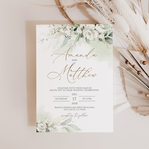 AMANDA - White Floral Wedding Invitation Template, Wedding Invitation Greenery and White Roses, Printable Wedding Invitation Template