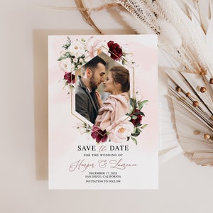 HARPER - Wedding Save the Date with Picture Template, Photo Save the Date, Burgundy Blush Save the Date with Photo, Printable Save the Date